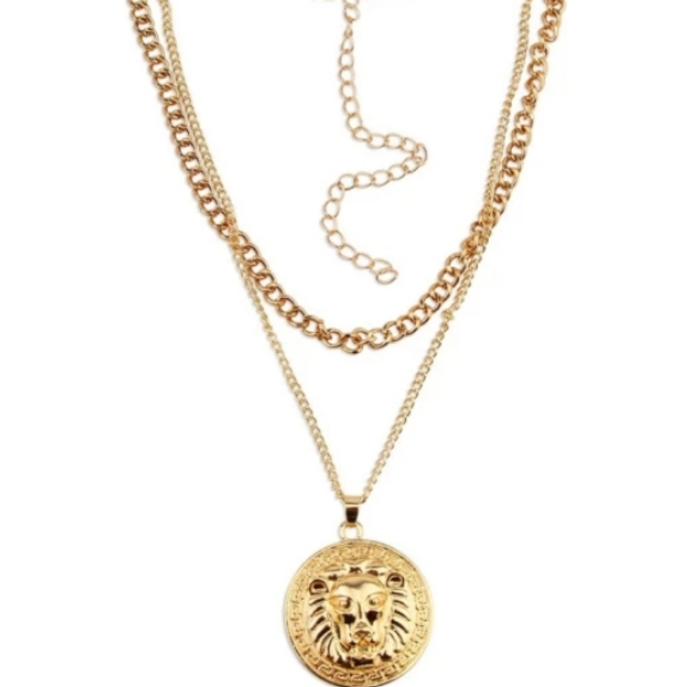 Gold Lion Medallion Double Strand Necklace - Picture 3 of 8